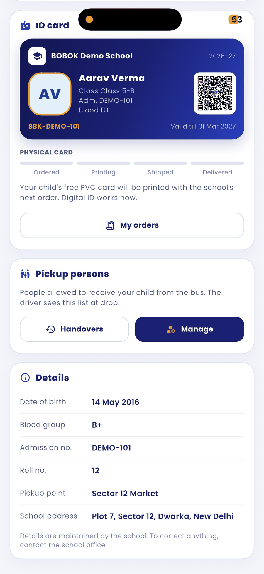 ID card, pickup persons and details